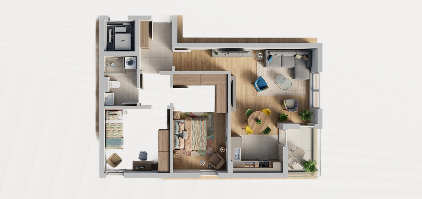Interior visualization — S2 ground floor, two-bedroom apartment